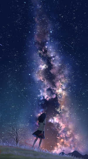 女孩站在山丘上仰望夜空中充滿活力的星系 — 動畫女孩 壁紙