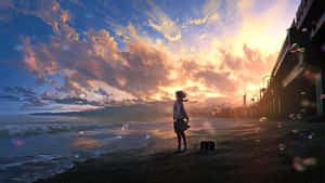 女生穿校服站在碼頭看夕陽泡泡。 — 動畫風景動圖 壁紙