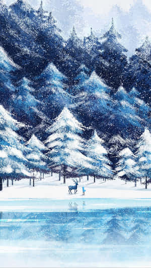 孩子和鹿在結冰的湖邊，雪森林中 — 冬季風景 壁紙