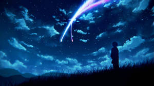 孩子站在草地上，觀看星空夜空中一顆色彩繽紛的彗星。 — 動漫風格 壁紙