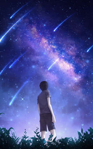 孩子站在草地上仰望帶有發光流星的星空。 — 動漫 壁紙