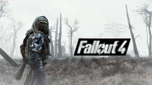 Fallout 4標誌與一個戴兜帽的倖存者在廢棄森林中。 — 異塵餘生 GIF 壁紙