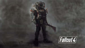 Fallout 4 廢土倖存者穿著動力裝甲在霧氣瀰漫的廢墟中手持武器。 — 異塵餘生4 壁紙