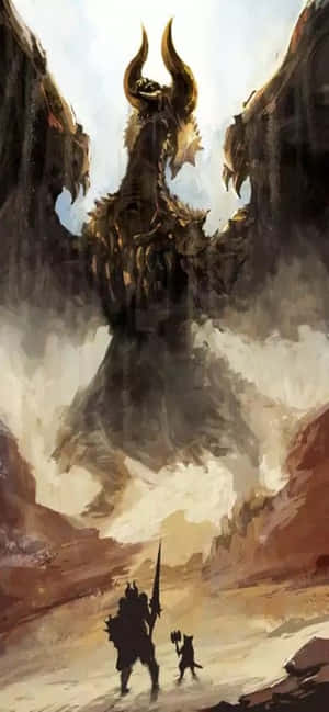戰士和小夥伴在黃昏時分的霧氣峽谷中面對巨大的有角惡魔。 — Galaxy A 壁紙