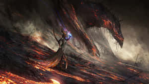 戰士在熾熱的火山景觀中對一條巨龍施展藍色魔法。 — 野獸先生 壁紙