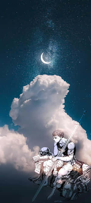 戰士持劍騎乘機械生物，在繁星夜空下，新月高掛。 — Galaxy A35 壁紙