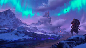 手持盾牌的戰士在夜間觀看積雪山脈和城堡上方發光的極光。 — 美學天空 壁紙