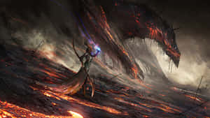 戰士在夜晚燃燒的火山荒原中與巨龍戰鬥。 — 魔法動圖 壁紙