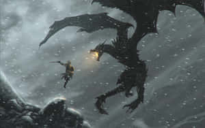 一個戰士在暴風雪中躍起與噴火龍戰鬥。 — 電玩遊戲 GIF 壁紙