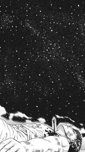 一個戰士在積雪的山上休息，在繁星點點的夜空下，附近有一把劍。 — 烙印勇士 壁紙