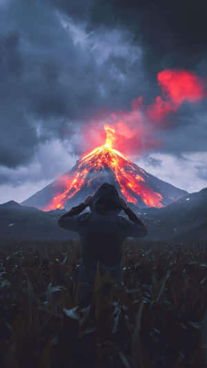 黃昏時在田野觀看火山爆發的人 — 自然 壁紙