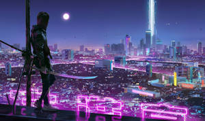 一個戴帽人物持劍俯瞰夜晚發光的未來城市。 — 霓虹紫 壁紙