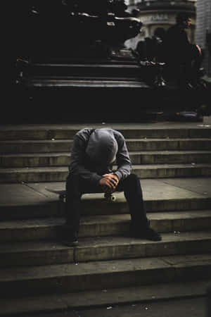 一個穿連帽衫的人坐在城市廣場的石階上，拿著滑板。 — 獨自一人 壁紙