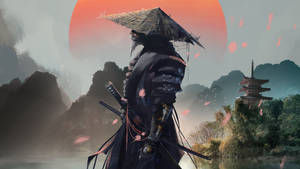 身穿暗色盔甲的武士在日落時分站在水邊，附近有寶塔和山脈。 — 混沌武士 壁紙