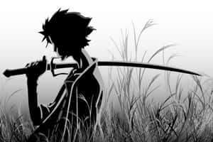 剪影中的武士在草叢中手持武士刀。 — 動漫桌面 壁紙