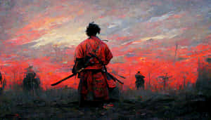 穿著紅色盔甲的武士在夕陽下與其他士兵站在田野中 — 洛杉磯日落 壁紙