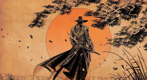 武士戰士在日落時分站在松樹下，落葉飄零。 — 忍者 要塞英雄 壁紙