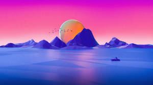 一個漁夫在小船上，在平靜的水面上，夕陽西下，紫色山脈。 — 矢量藝術 壁紙