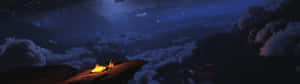 夜間雲海上山脊上的營火 — 32:9 壁紙