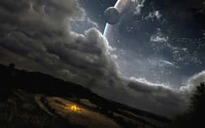 營火在田野中燃燒，夜空中有行星和月亮。 — 科幻 壁紙