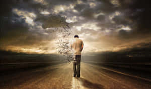 男人在空無一人的道路上行走，在黃昏的暴風雨天空下分解成粒子。 — 雲朵 GIF 壁紙
