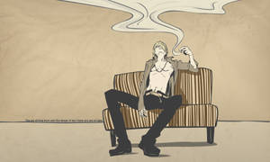 一個男人坐在條紋沙發上抽煙，煙霧在米色背景下裊裊升起。 — 香吉士 壁紙
