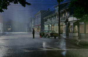 男人站在打開的車門旁，在雨夜街道上，路面濕滑，燈光昏暗。 — 憂鬱美學 壁紙