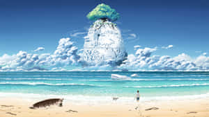 一個男孩在海灘上走向一個有樹的浮島。