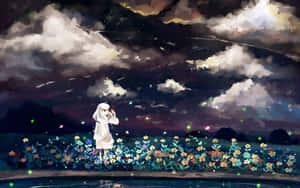 動漫女孩身穿白色連衣裙，站在星空下的發光花田中。 — 犬夜叉 壁紙
