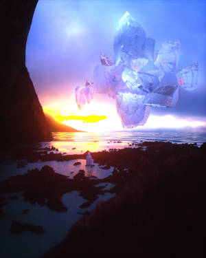 一個白衣人站在岩石海灘上，看著日落時漂浮的巨大水晶。 — 水晶 壁紙