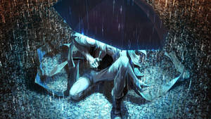白發動漫角色在夜晚的雨街中坐在雨傘下。