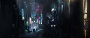 夜晚霓虹燈閃爍的賽博朋克小巷中的動漫女孩。 — 黑夜 壁紙