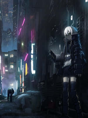 動漫女孩穿著深色外套站在夜晚霓虹燈閃爍的小巷中 — 霓虹 壁紙