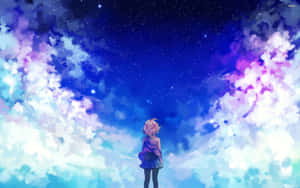 粉紅色頭髮的動漫女孩站在星空下，周圍有色彩繽紛的雲朵。 — 藍色美學電腦 壁紙