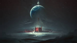 雪星球上的紅色外星結構，下方是藍色地球和發光月亮 — 天命2 壁紙