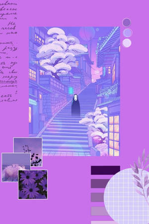 一個蒙面人物在一個積雪的日本村莊中，走上發光的樓梯。 — 紫色動漫美學 壁紙