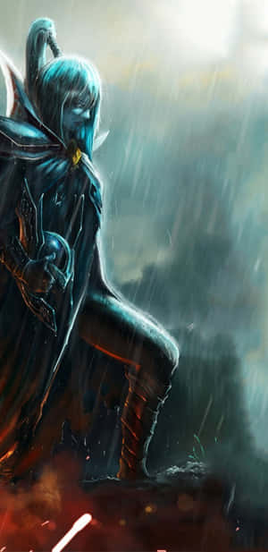 藍髮戰士在雨中持劍，腳邊有發光的餘燼。 — 刀塔2 壁紙