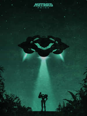 一個孤獨的裝甲人物站在叢林中，在一艘發光的外星飛船下。 — 太空船 壁紙