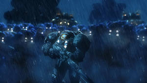 一個穿著未來盔甲的士兵在雨夜場景中手持武器。 — 電玩遊戲 GIF 壁紙