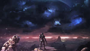 裝甲士兵在外星行星上觀看帶有發光閃電的暴風雨天空。 — 史詩 壁紙