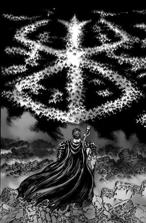 一個身穿盔甲和斗篷的戰士站在破碎的地面上，仰望天空中發光的鳥形印記。 — 鬼滅之刃 壁紙