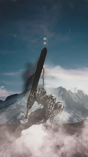 裝甲戰士在積雪的山頂上手持巨劍，在暴風雨的夜晚。 — 烙印勇士 壁紙