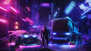 賽博龐克街景，帶有發光的霓虹燈標誌和未來主義的夜間車輛。 — 電玩遊戲 GIF 壁紙