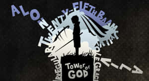 動漫風格的剪影，人物站在標有「Tower of God」的塔上，周圍有風格化文字。 — 神之塔 壁紙