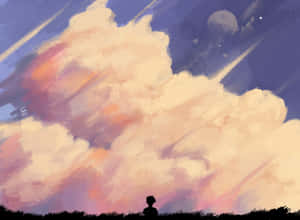 一個人觀看色彩繽紛的日落天空與星星的剪影 — 卡通 壁紙