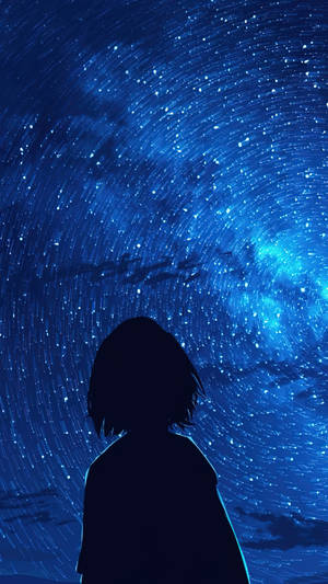 一個人看著旋轉的藍色星系的剪影。 — 可愛動漫女孩 壁紙