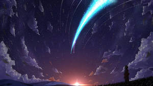 一個人在暮色中觀看星空紫色天空中發光的藍色彗星。