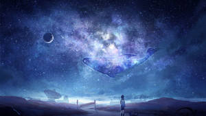 一個孩子站在外星地形上，看着夜空中鯨魚形狀的星雲。 — 夜空 壁紙