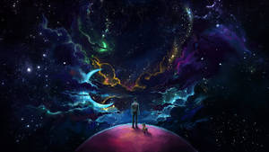 一個男人和他的狗在行星上觀看色彩繽紛的宇宙星雲。 — 月光 壁紙