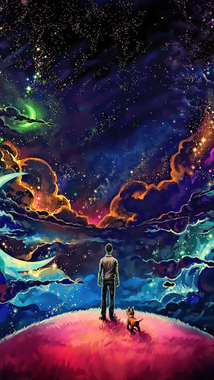 一個男人和他的狗抬頭看著帶有發光雲朵的彩色星空。 — 狗狗藝術 壁紙